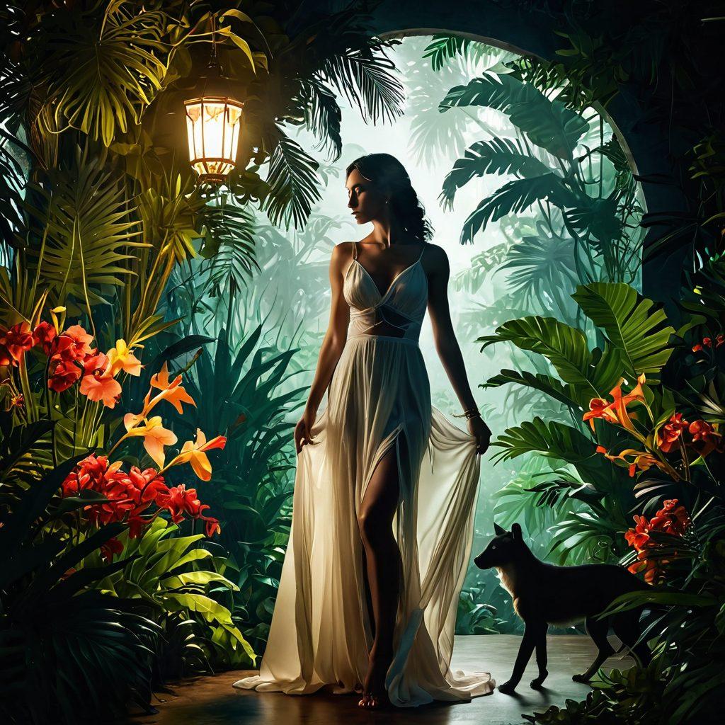 A tastefully composed scene of a lush, tropical jungle with vibrant flowers and exotic animals, featuring soft, ethereal lighting that creates a sensual atmosphere. In the foreground, a silhouette of a confident individual exploring this enchanting environment, dressed in flowing, sheer fabrics that gently sway with the breeze. Subtle hints of romanticism, like flickering lights and shadows representing connections, enhance the allure. The overall feel should be enticing yet artistic, merging nature and sensuality seamlessly. vibrant colors. super-realistic. 3D.