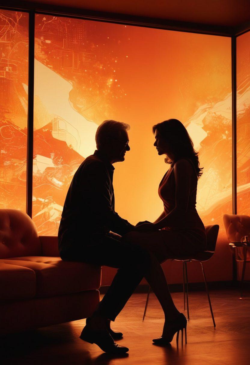 A sultry, inviting atmosphere featuring a silhouette of a mature couple sharing an intimate moment, surrounded by elements symbolizing online connection such as glowing screens and soft digital icons. The background captures a blend of rich, warm colors to evoke a sense of allure and excitement, with hints of abstract shapes that represent online platforms. super-realistic. vibrant colors. soft focus.